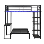 Metal Loft Bed Frame with LED Light Strip, Side Storage Shelves & Built-in Desk