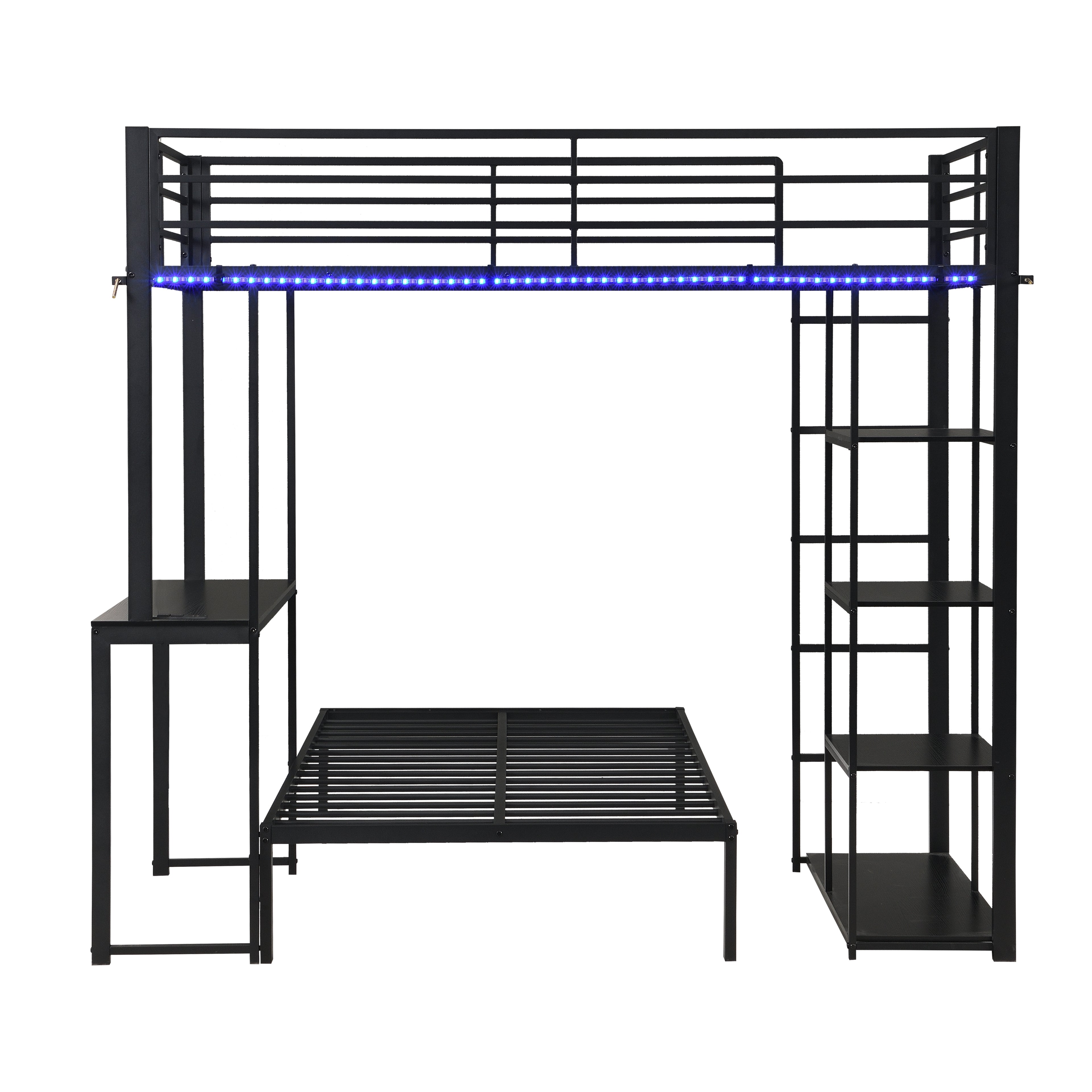 Metal Loft Bed Frame with LED Light Strip, Side Storage Shelves & Built-in Desk