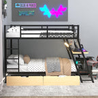 Full Size Metal Bunk Bed with Built-in Desk, Light and 2 Drawers