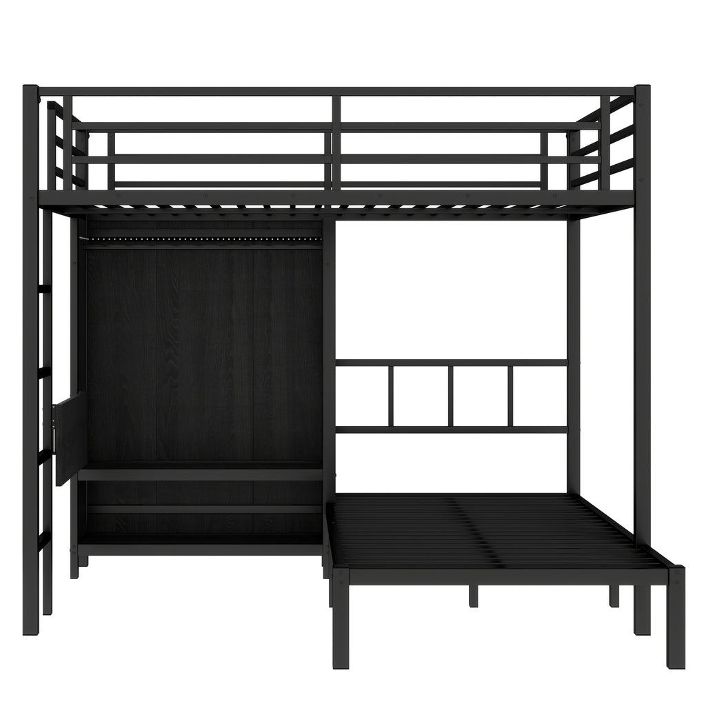 Full XL Over Twin Metal Bunk Bed with Folding Desk and LED Closet