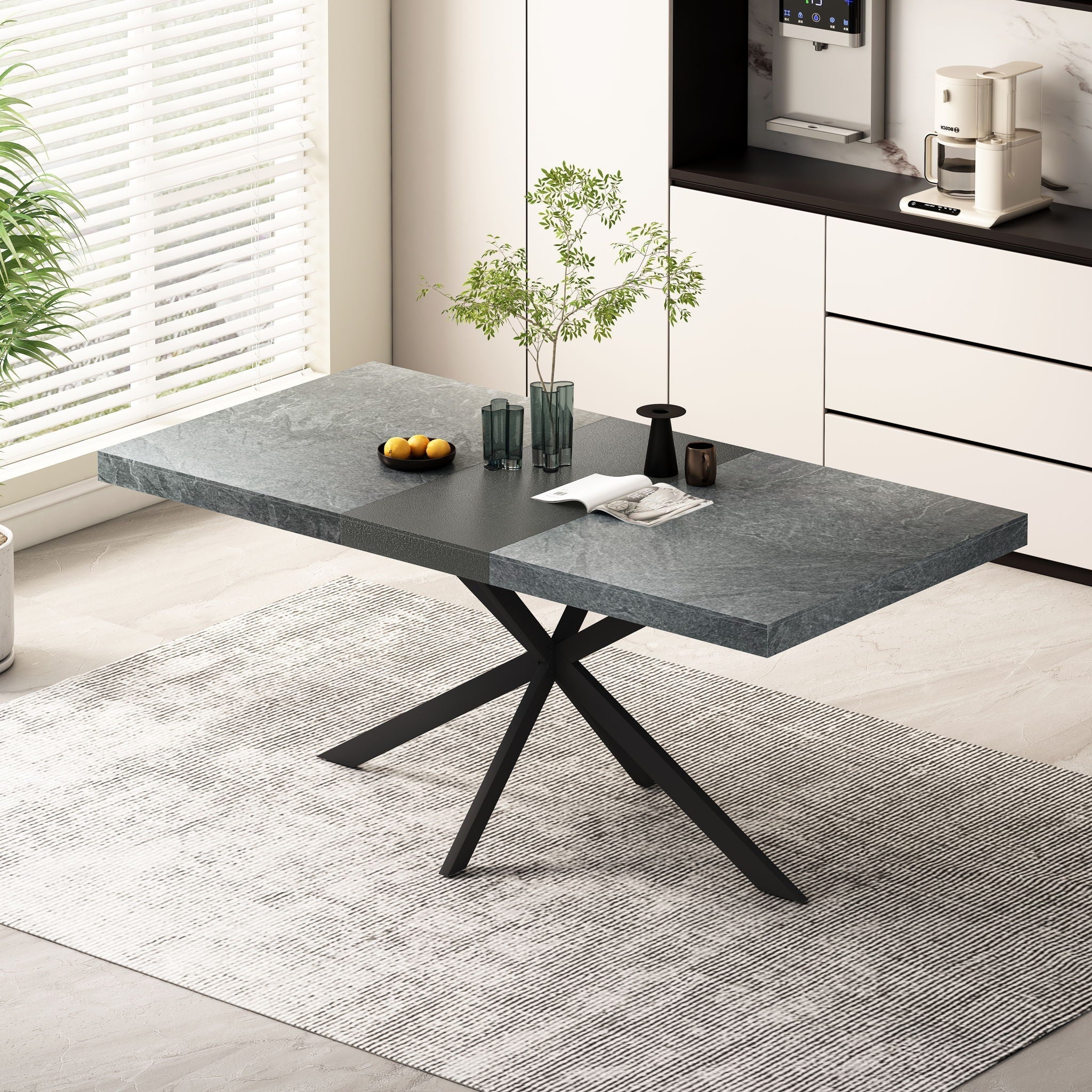 Rectangular Stretch Dining Table With 4 Chairs - Black / Gray