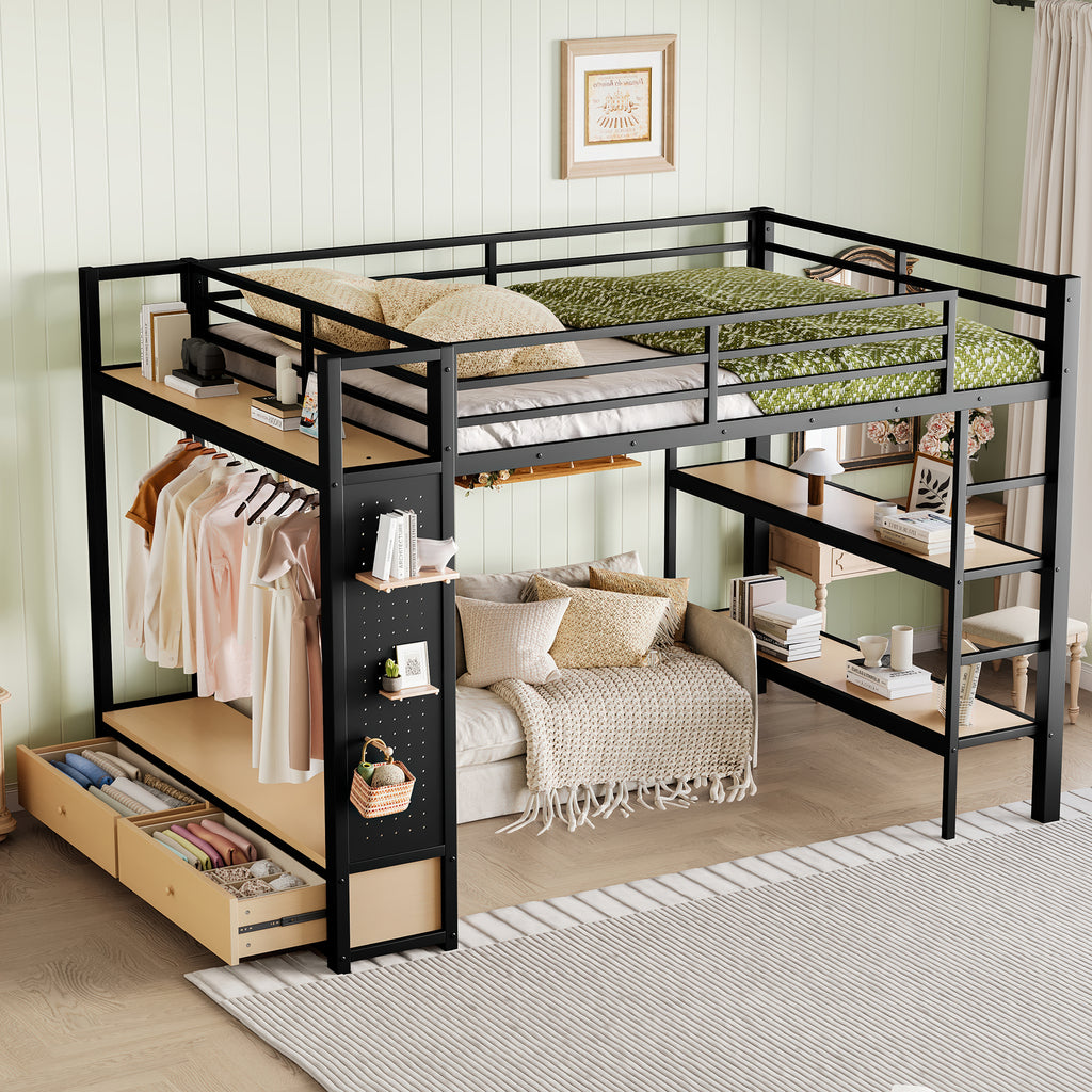 Queen Size Loft Bed Frame with Wardrobe