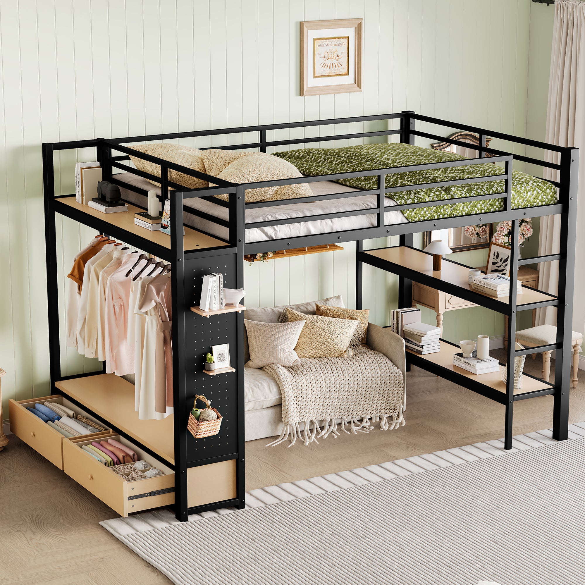 Queen Size Loft Bed Frame with Wardrobe