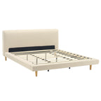 Beige Chunky Headboard Bed Frame, Solid Rubberwood Legs, Cal-King