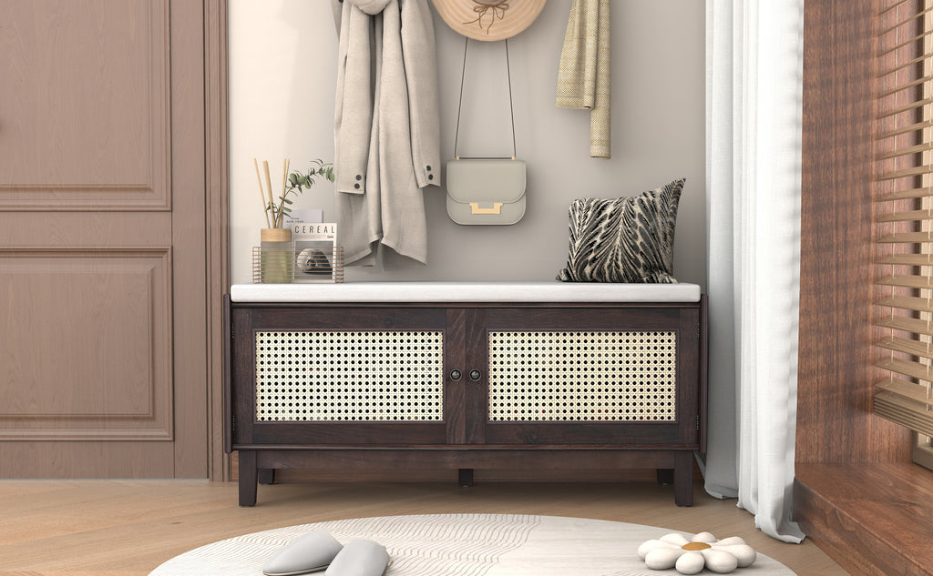 TREXM Boho Rattan Entryway Bench with Storage