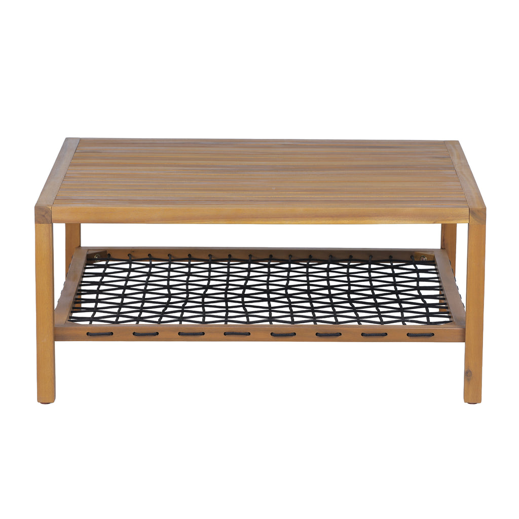 Outdoor Acacia Wood Coffee Table with Woven Rope Storage Shelf