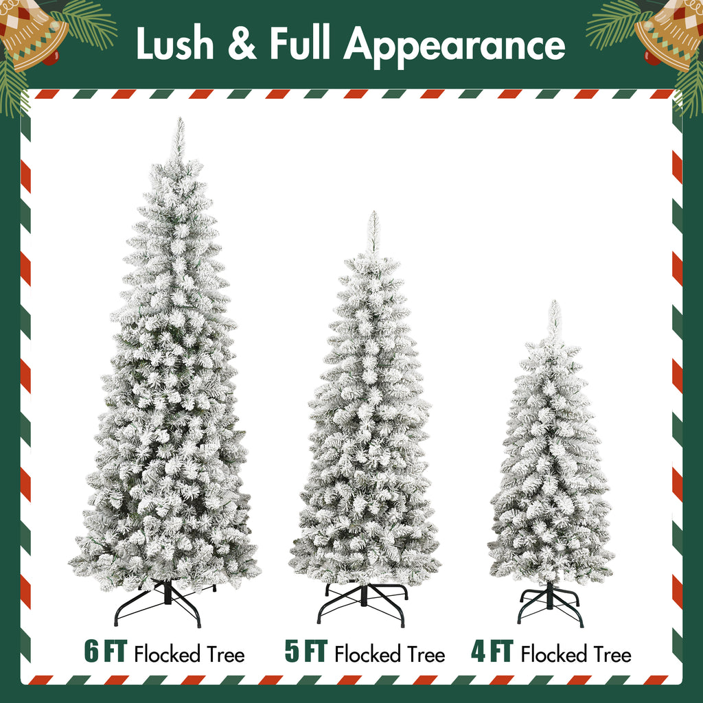 3-Piece Flocked Christmas Tree Set with Warm LED Lights, 4ft 5ft 6ft, Green