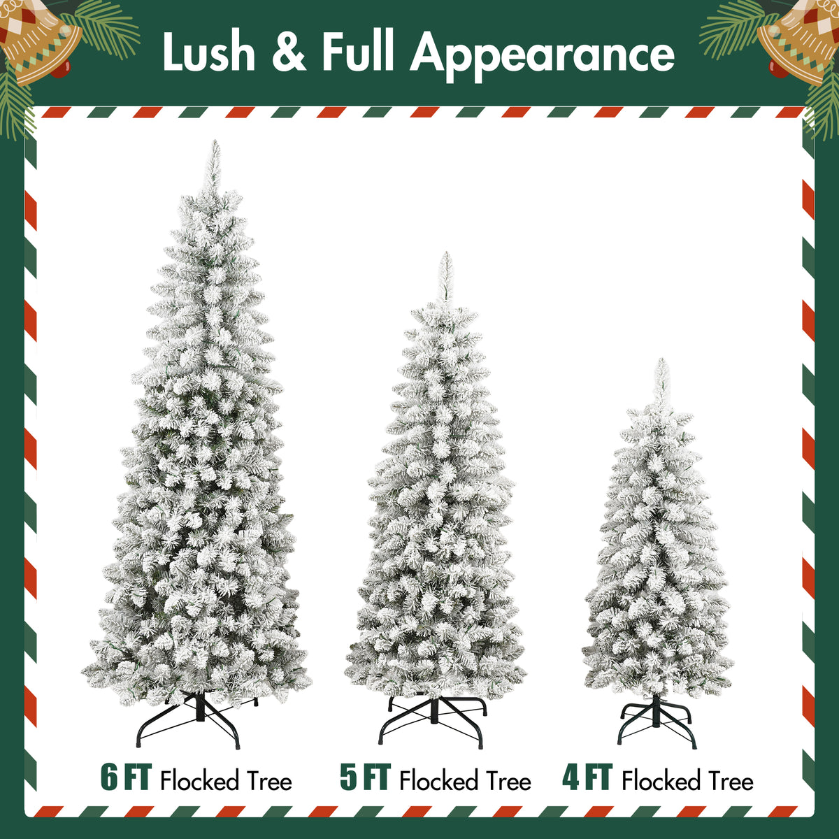 3-Piece Flocked Christmas Tree Set with Warm LED Lights, 4ft 5ft 6ft, Green