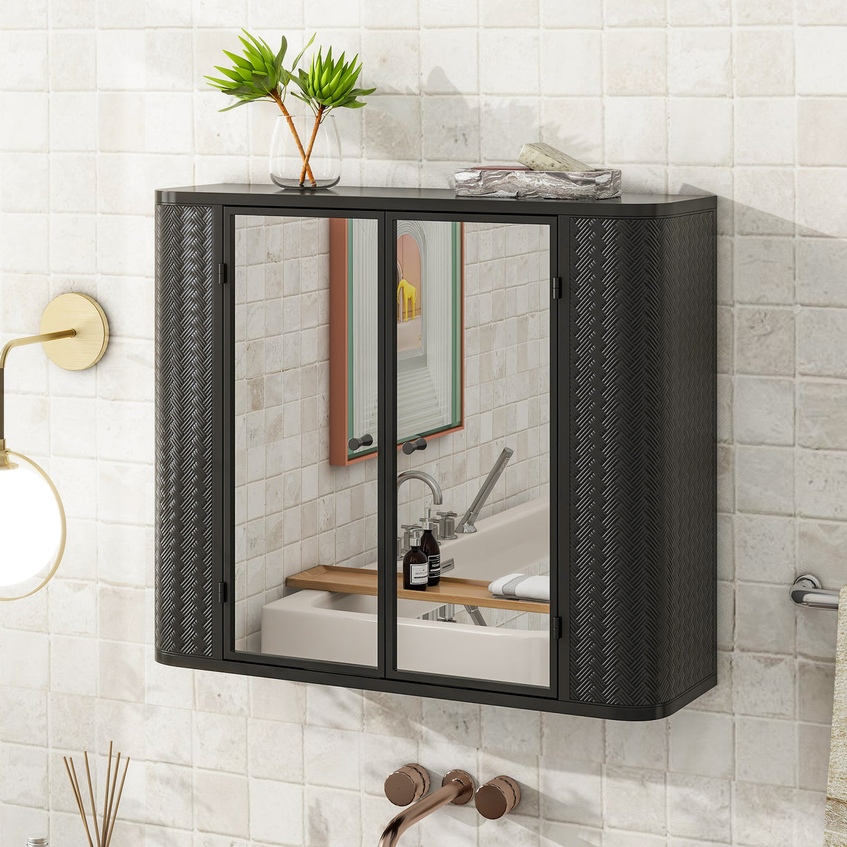 Black Wall-Mounted Bathroom Cabinet with Mirror