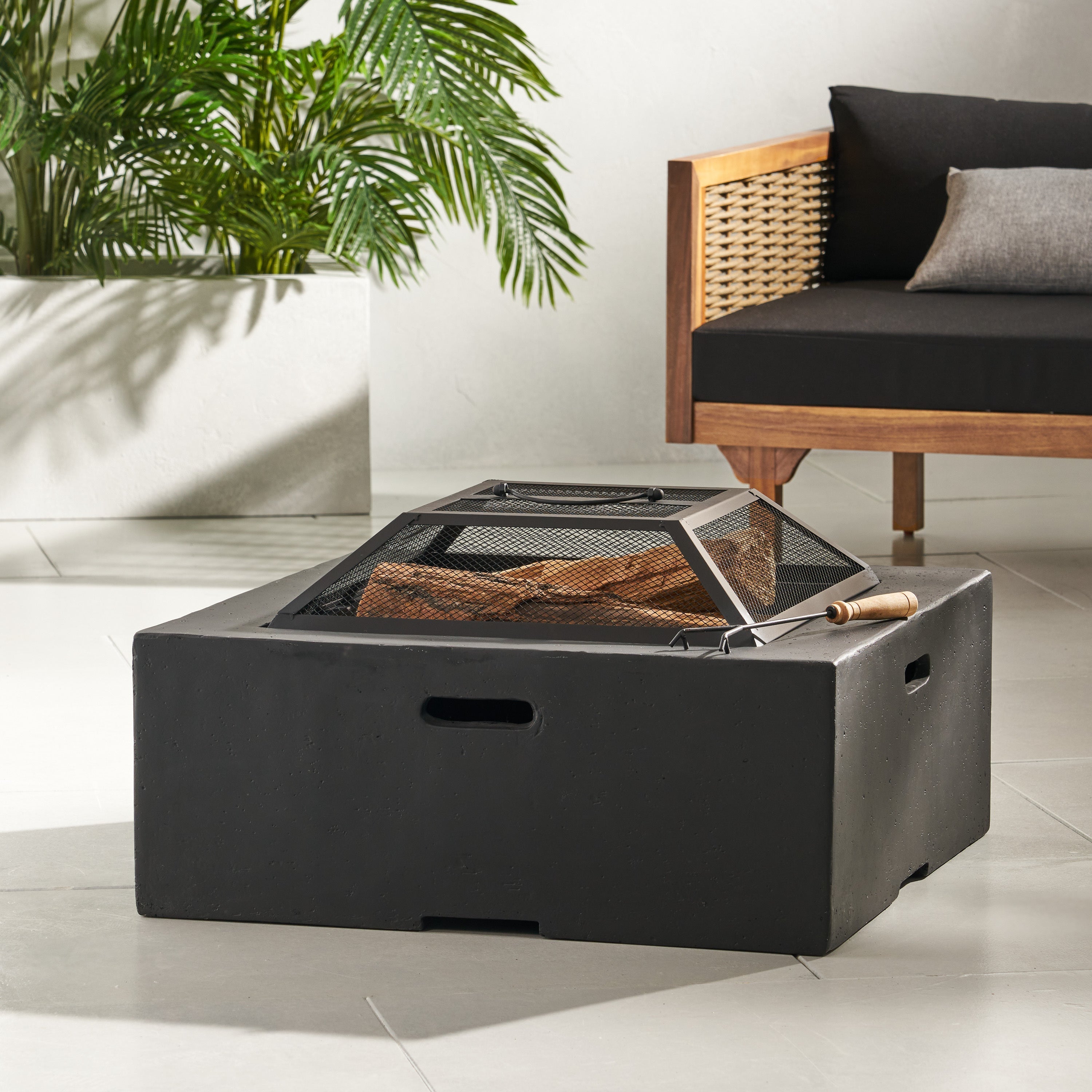 Outdoor 29' Square MgO Wood-Burning Fire Pit, Dark Gray