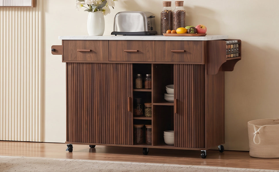 K&K 53.6" Kitchen Island with Drop Leaf, Rolling Cart on Wheels, Walnut Brown
