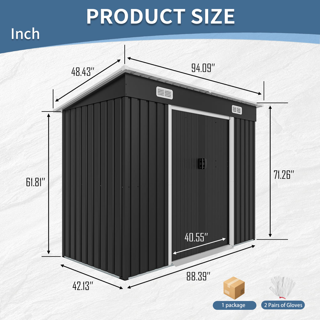 8x4ft Metal Shed, Sliding Door Galvanized Steel Shed