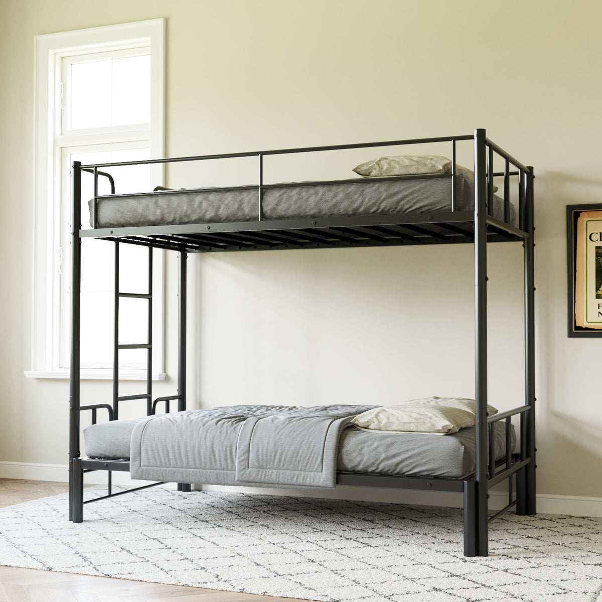 Twin Size Metal Pull-Out Bunk Bed with Guardrail and Built-In Ladder
