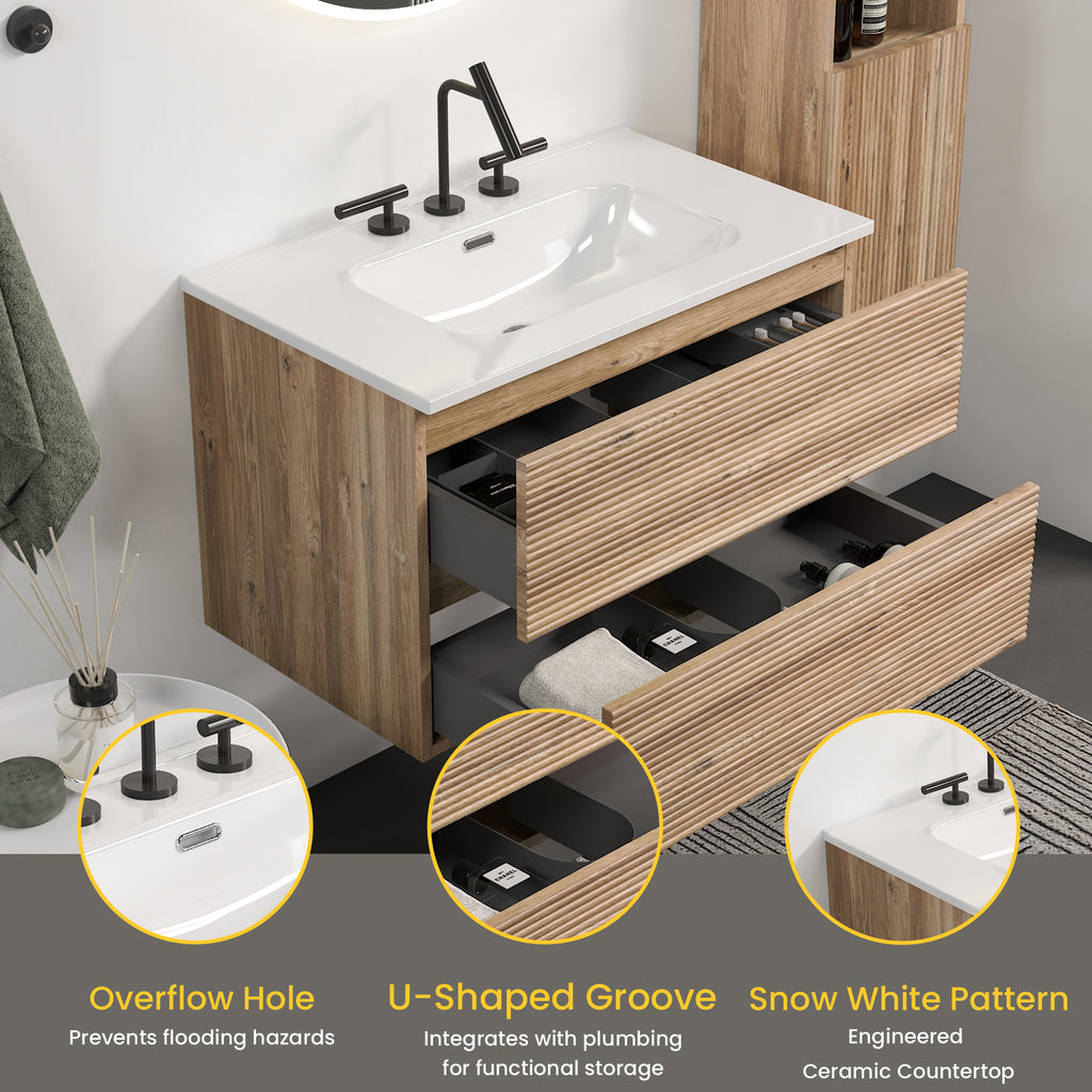 Gloria 30" Wall Mounted Rough Oak Bathroom Vanity