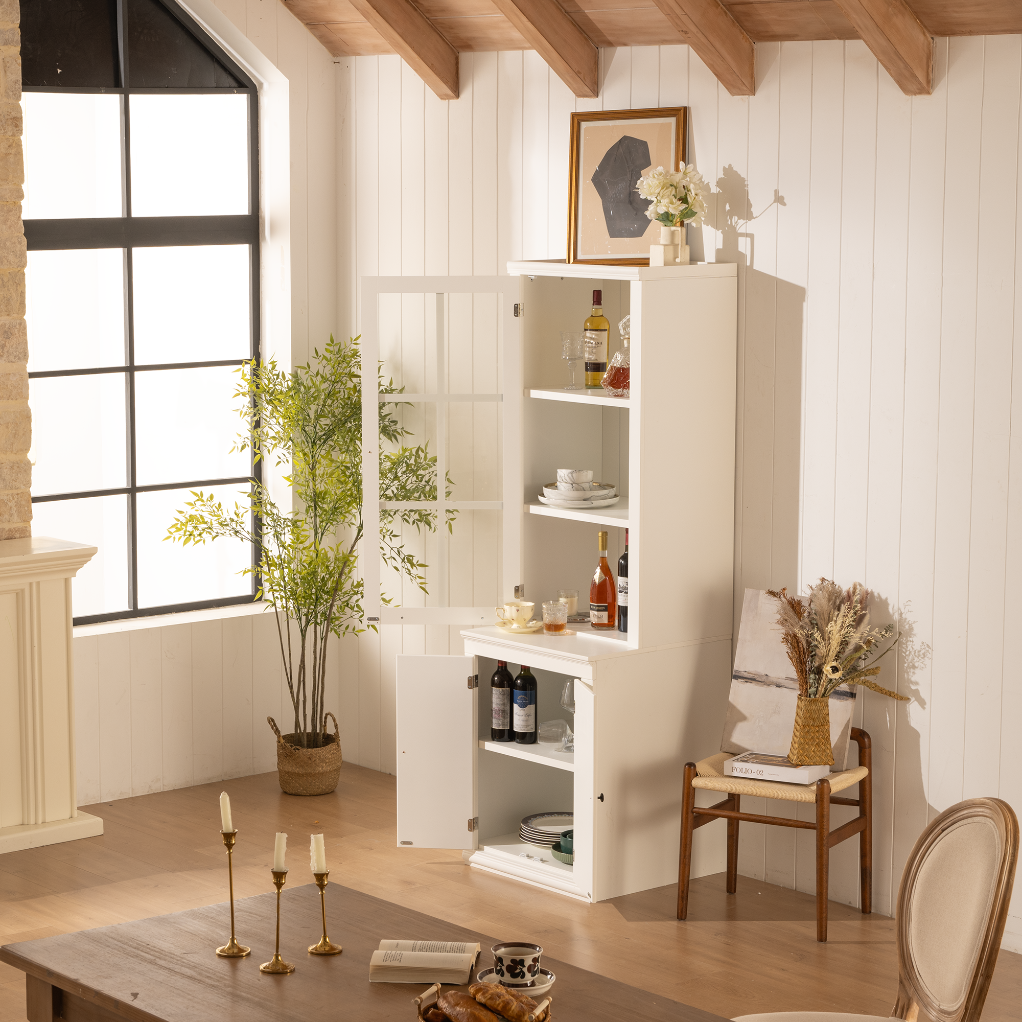 Freestanding Pantry Cabinet with Glass Door & Lattice Window