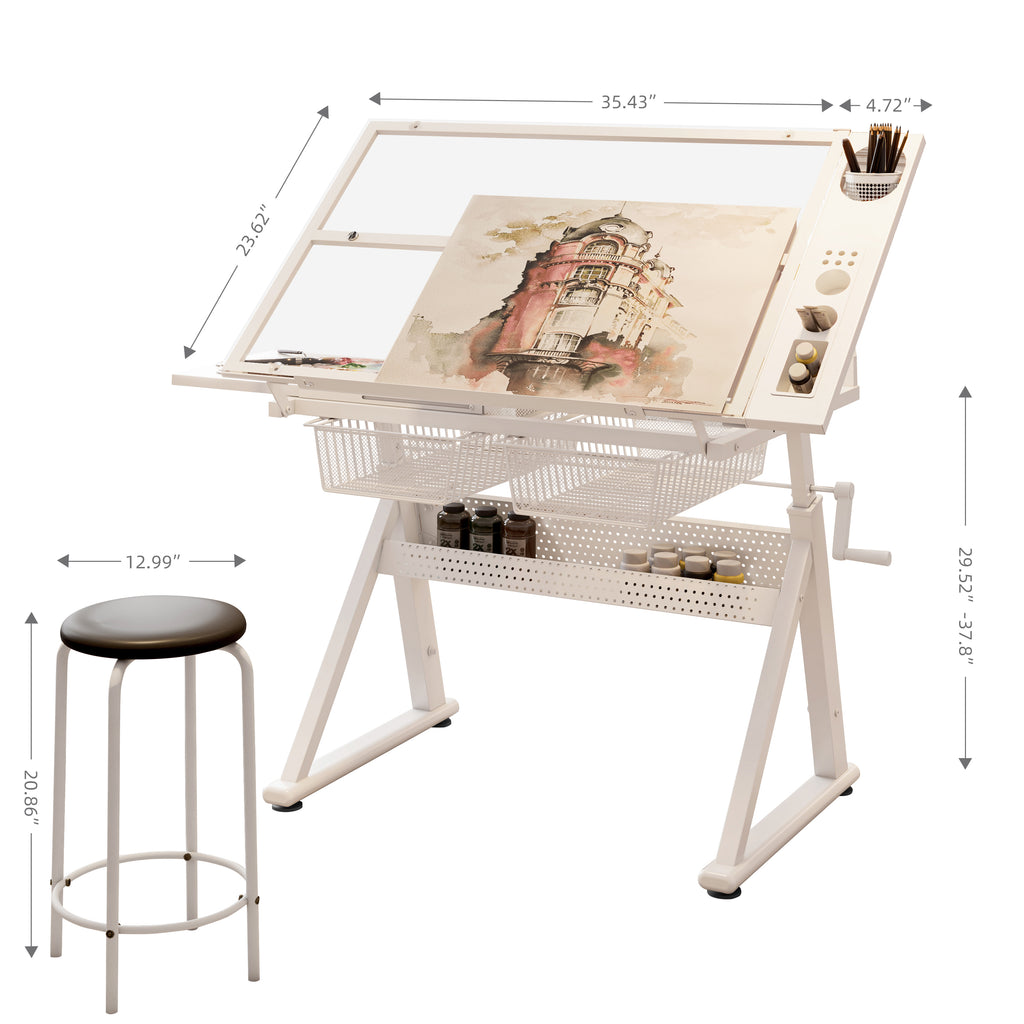 Hand Crank Adjustable Tempered Glass Drafting Table