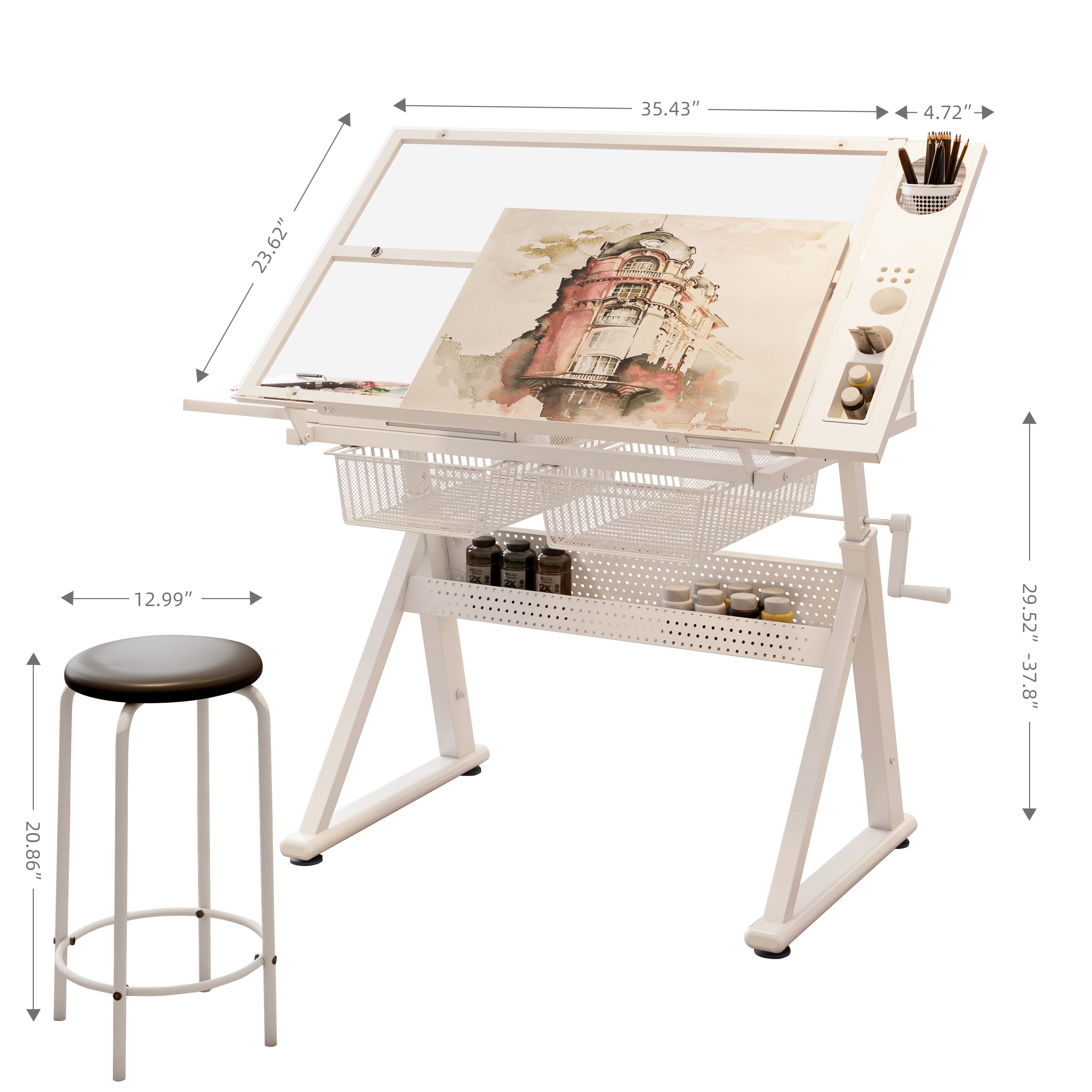 Hand Crank Adjustable Tempered Glass Drafting Table
