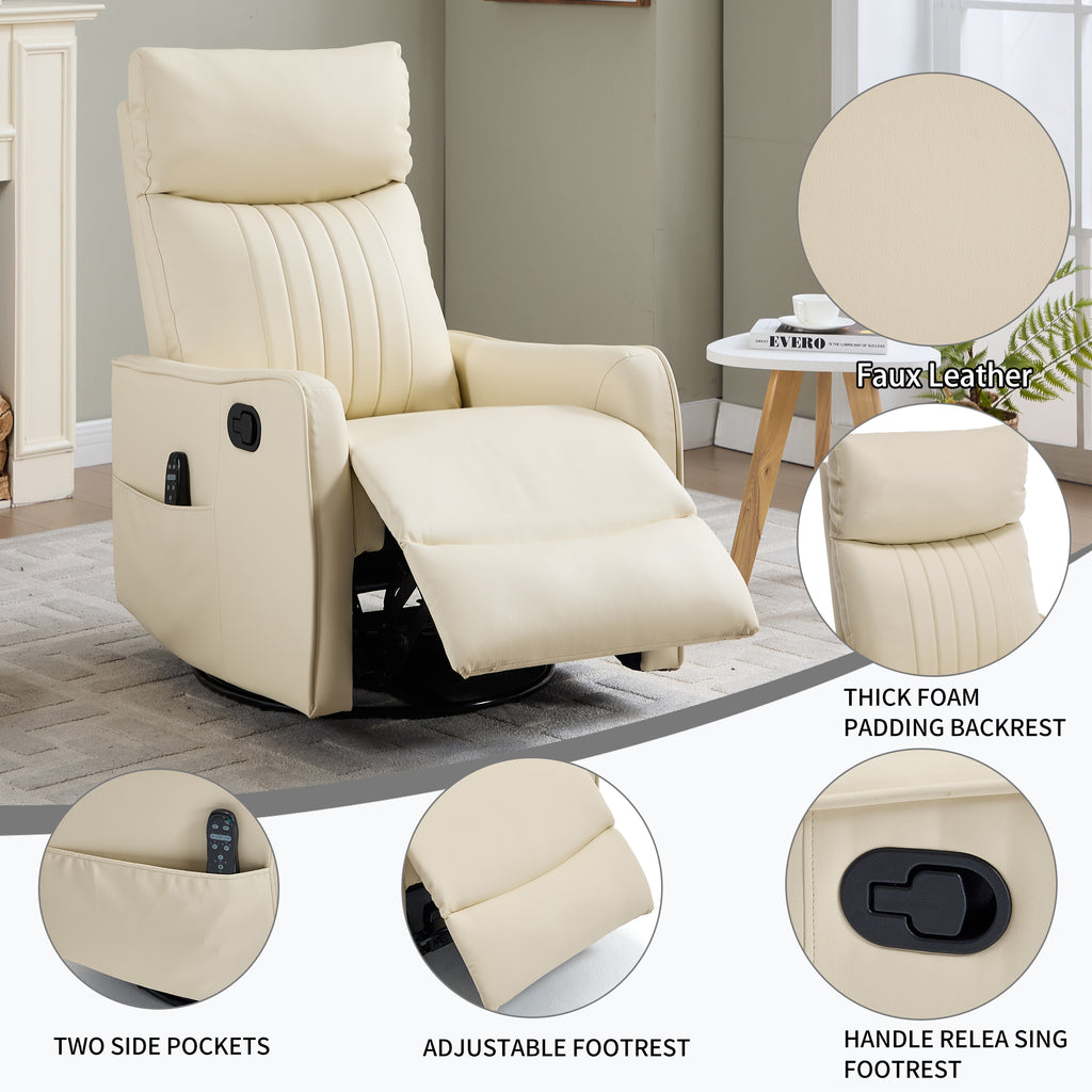 Beige Heat Massage Manual Recliner Chair with Rocker and Swivel in Faux Leather