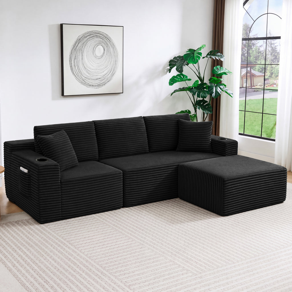 L-Shaped Sectional Sofa with Ottoman, Corduroy 3-Seat Couch for Living Room