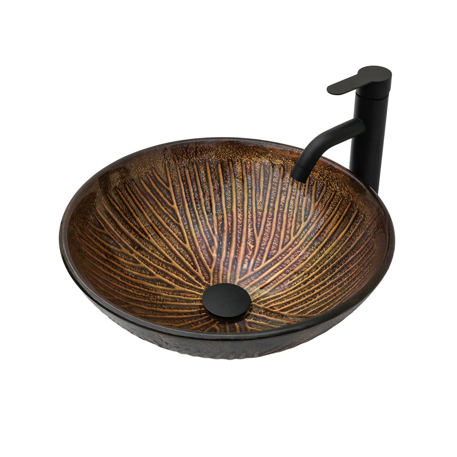 Artistic Feather Pattern Amber Tempered Glass Vessel Sink