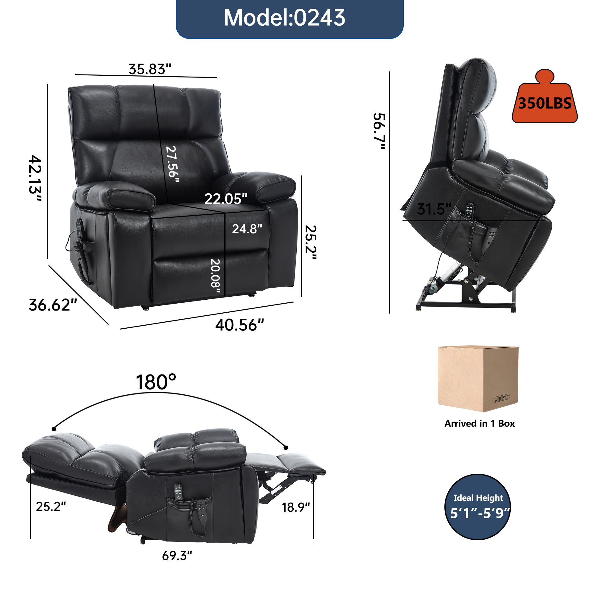 Black Leatheraire Heat Massage Dual Motor Recliner