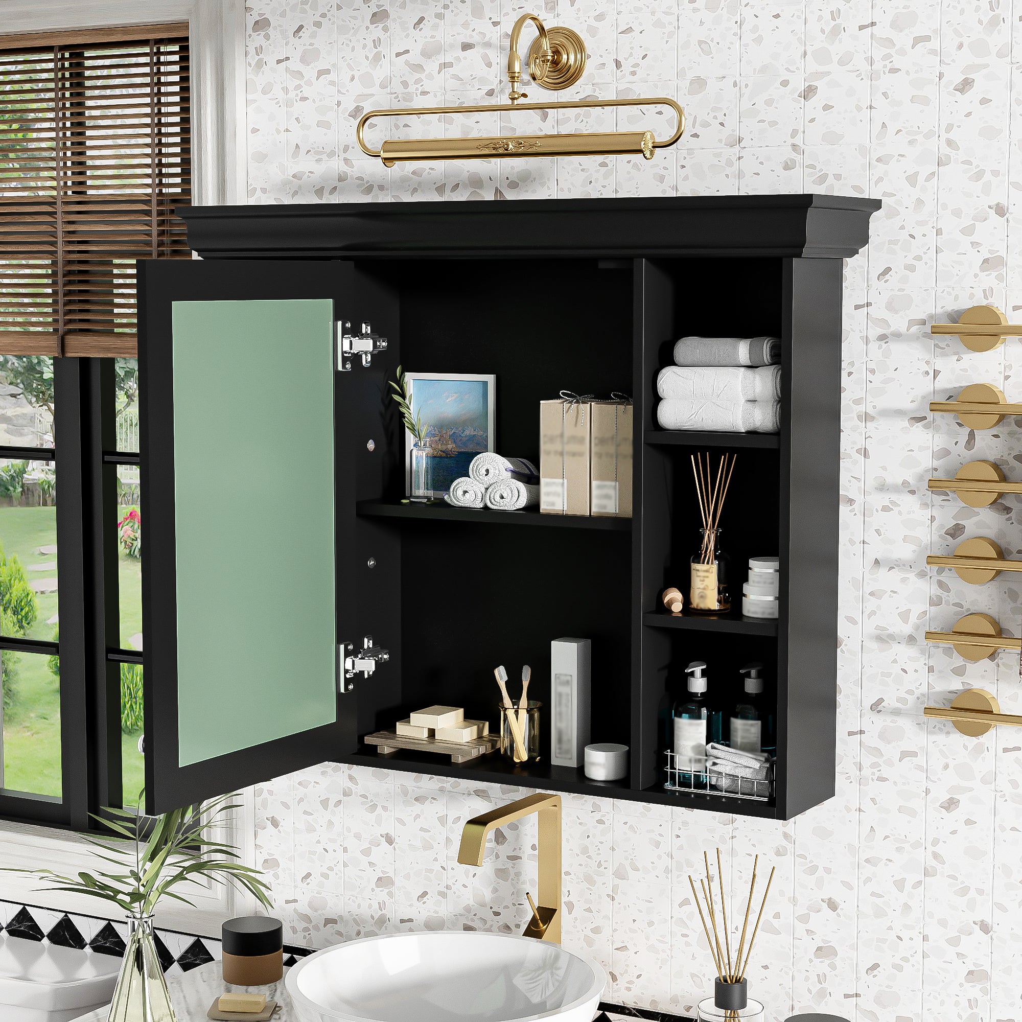 35'' x 28'' Black Wall Mounted Bathroom Storage Cabinet with Mirror Door