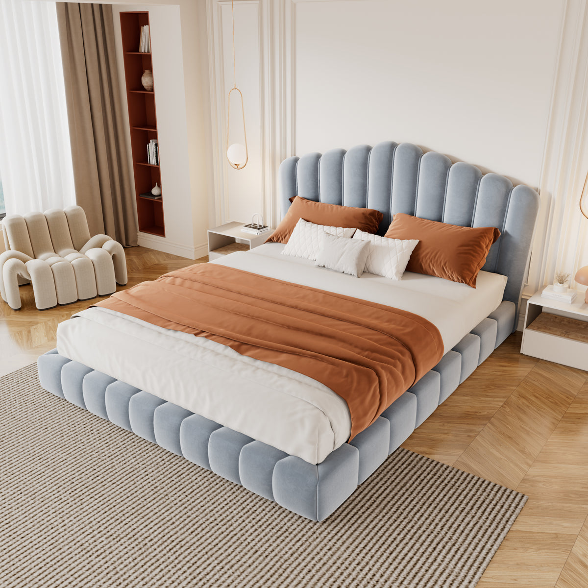 Velvet Upholstered Queen Bed Frame with Shell-Shaped Headboard