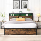 King Size Metal Platform Bed Frame with Wooden Headboard