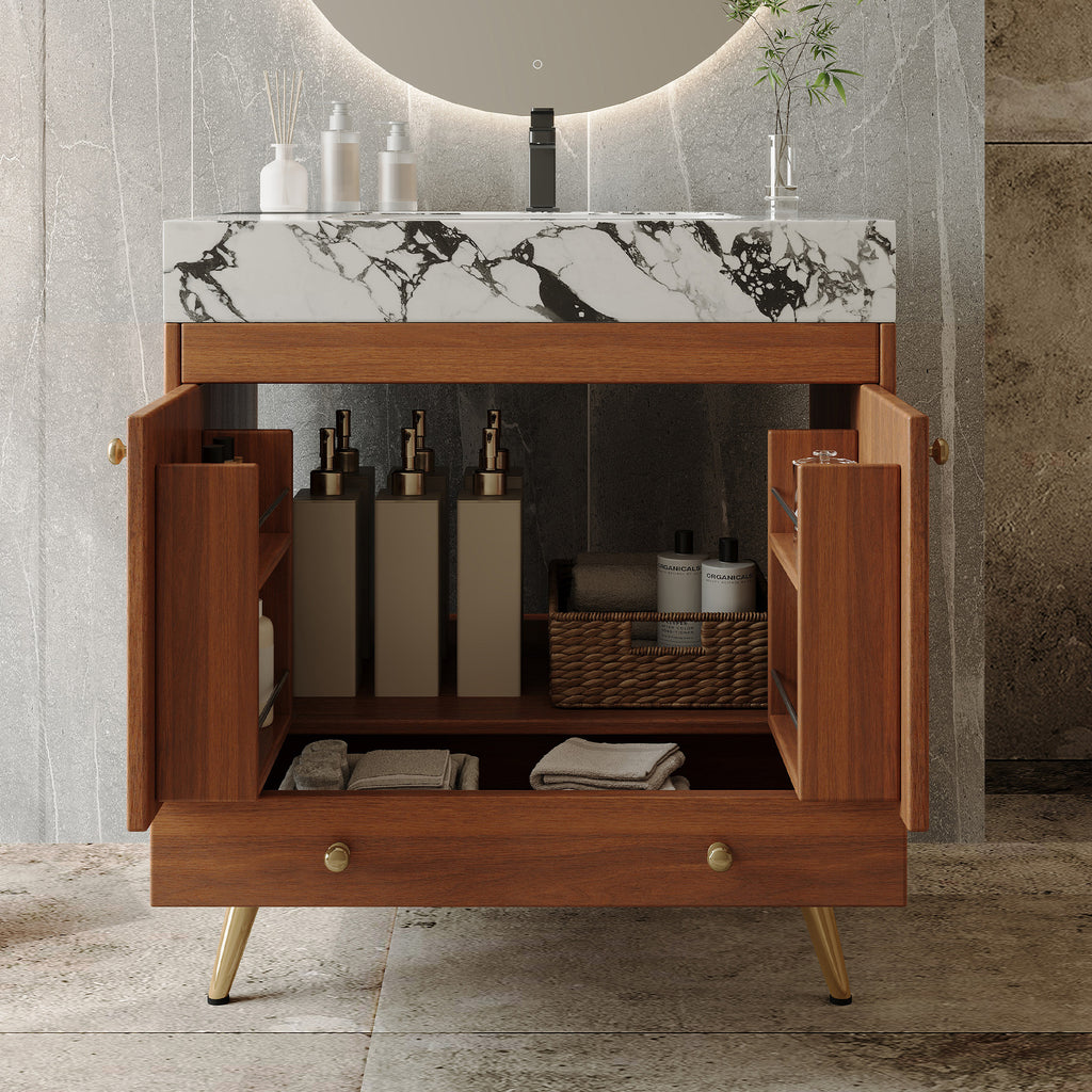 Mid-Century Freestanding Bathroom Vanity with Faux Marble Top
