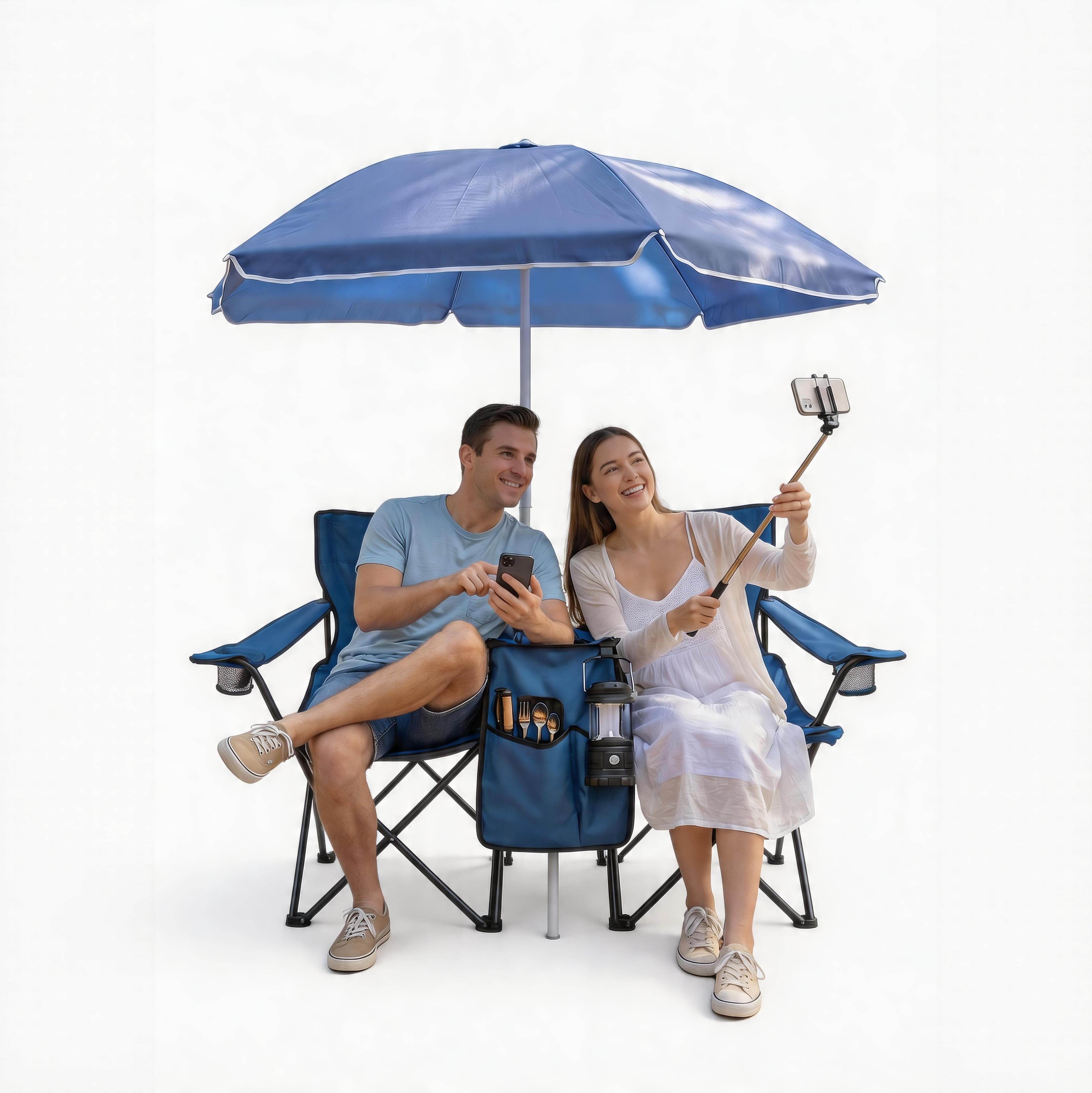 Portable Double Folding Beach Chair Set with Umbrella