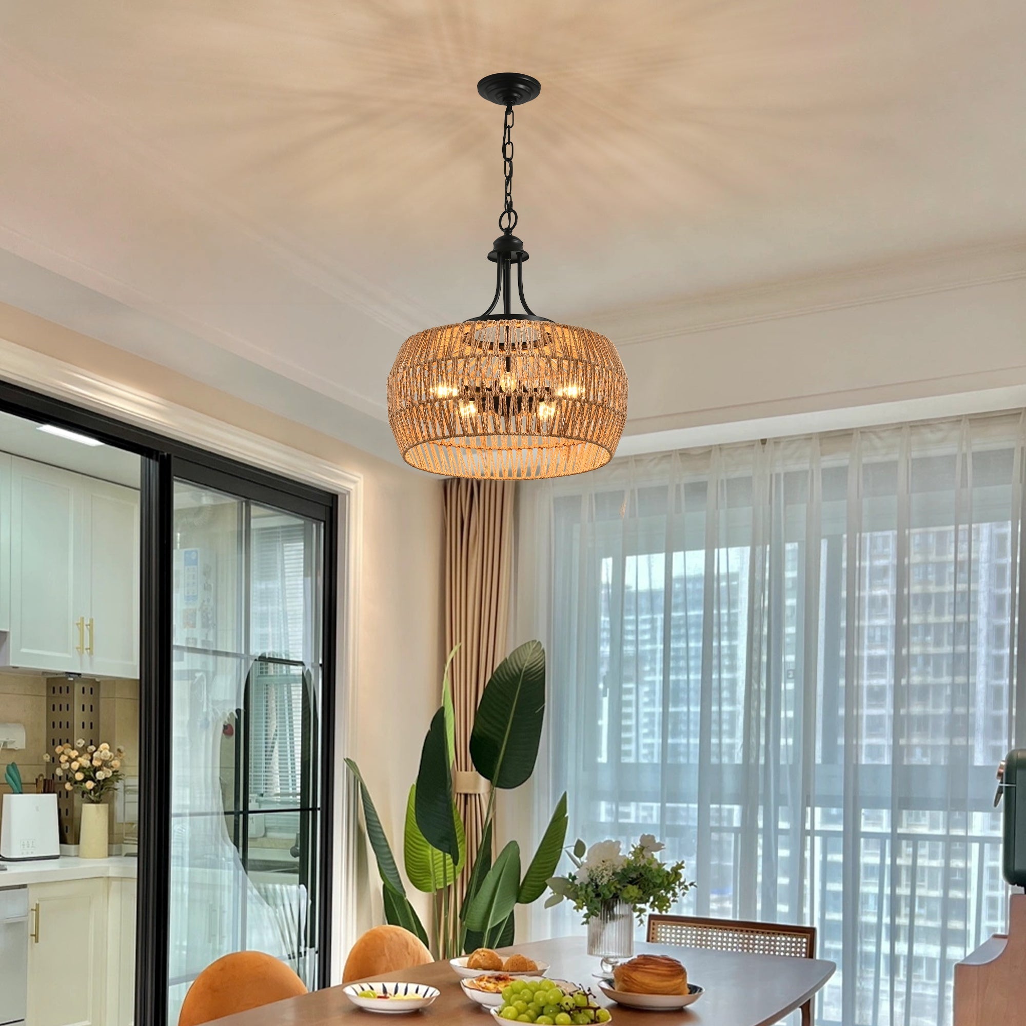 19' Boho Hemp Rope Pendant Light, Hand-Woven Jute Hanging Lamp