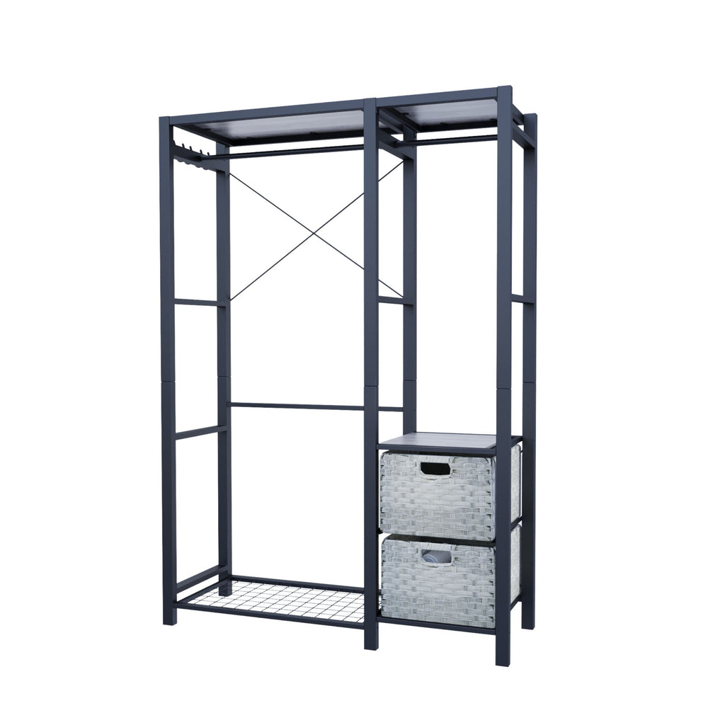 Acacia Wood Garment Racks with Shelves and Wicker Drawers