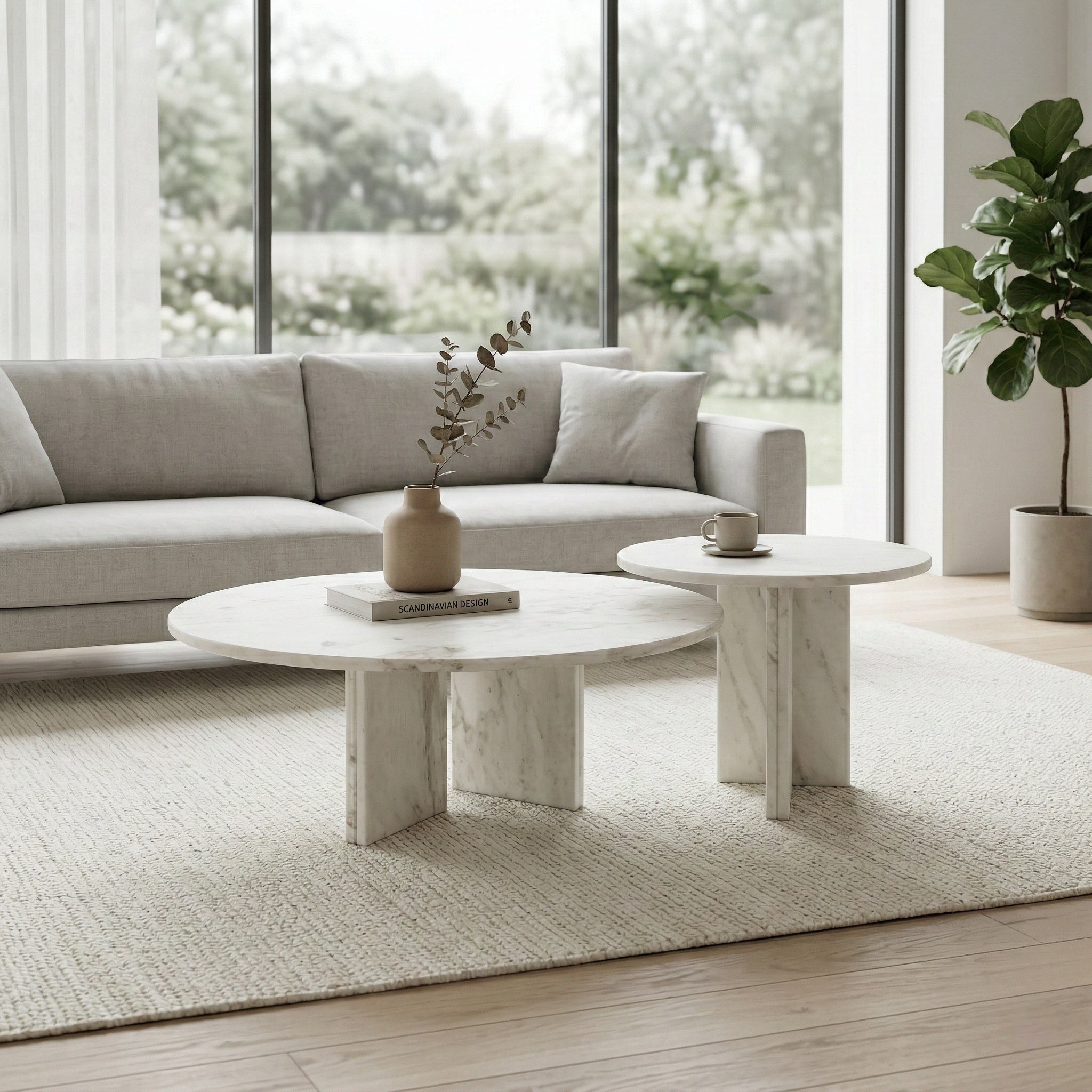 White Semi-Polished Marble Round Nesting Table Set of 2