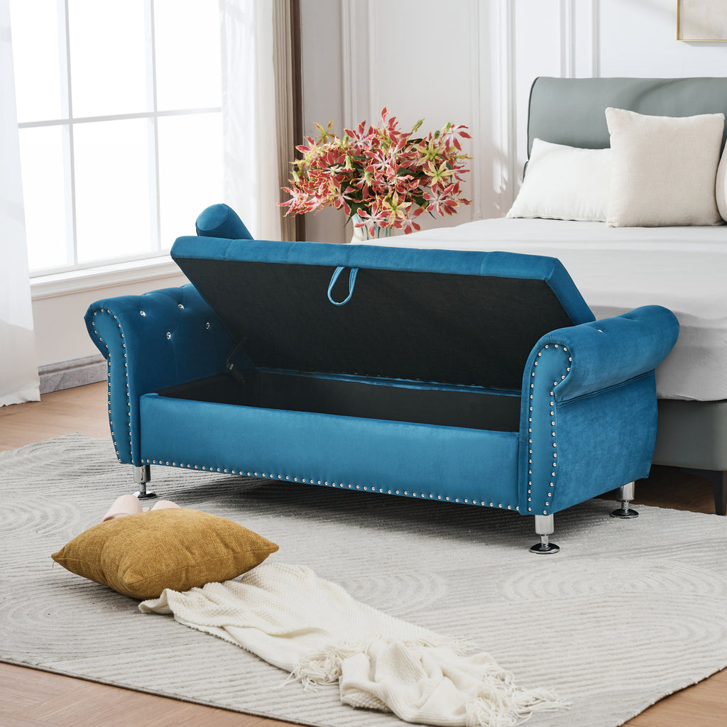 62.2 Inch Soft Velvet Storage Bench with Crystal Buttons