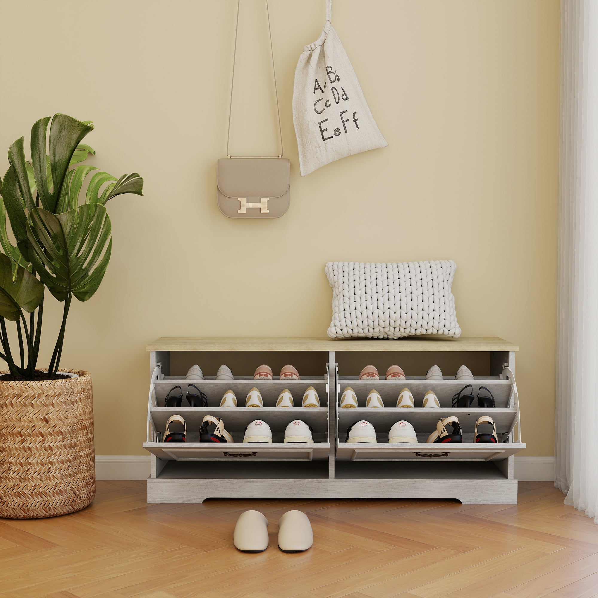 Shoe Storage Bench with 2 Flip Drawers and Adjustable Shelf