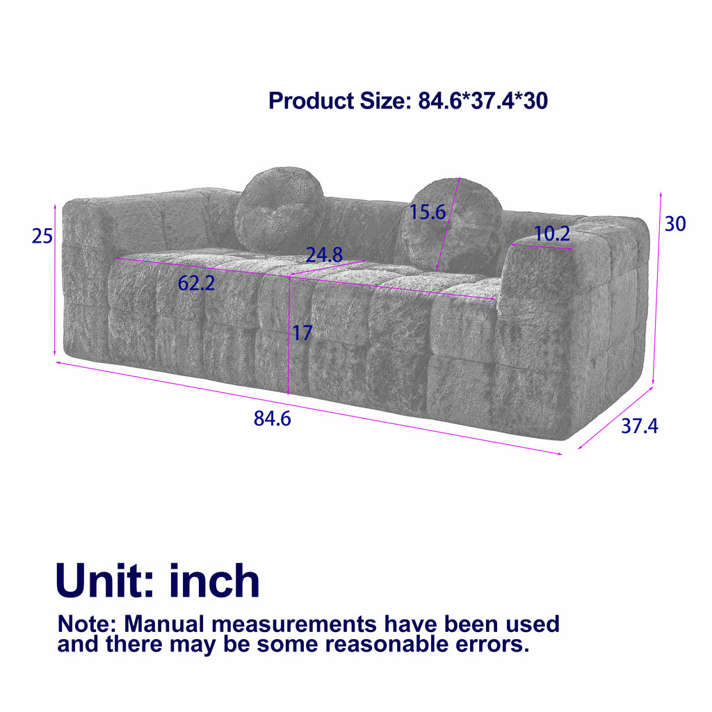 84.6-Inch Modern Boneless Couch with Two Circular Throw Pillows