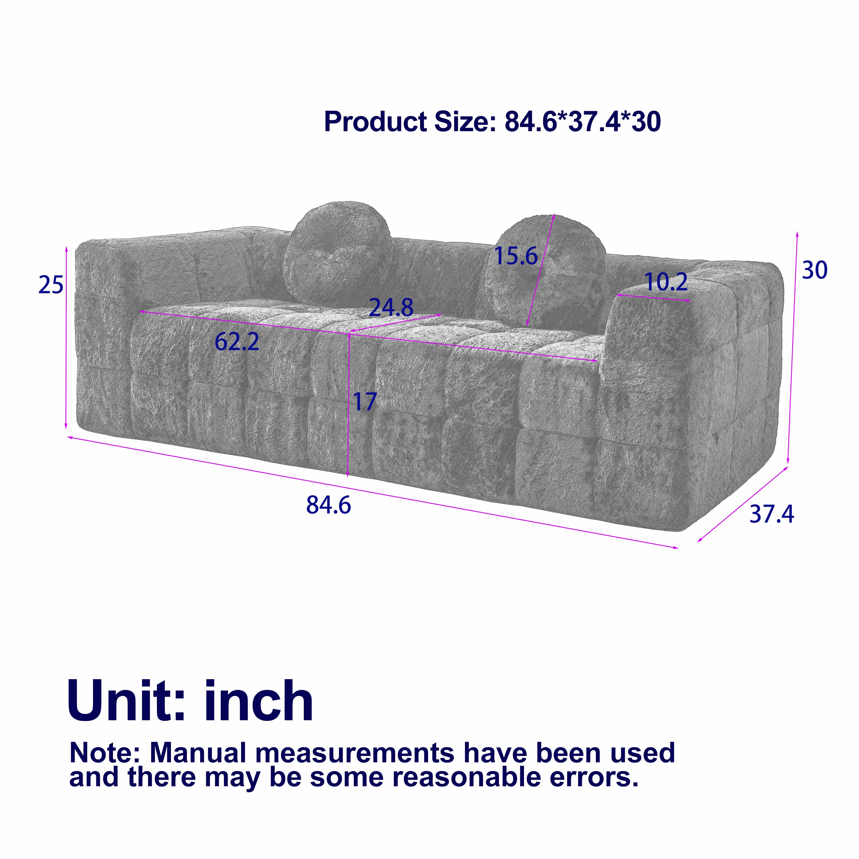 84.6-Inch Modern Boneless Couch with Two Circular Throw Pillows