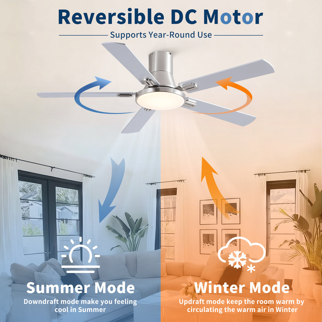 52 Inch Modern Brushed Nickel Flush Mount Ceiling Fan with Light and Remote Control