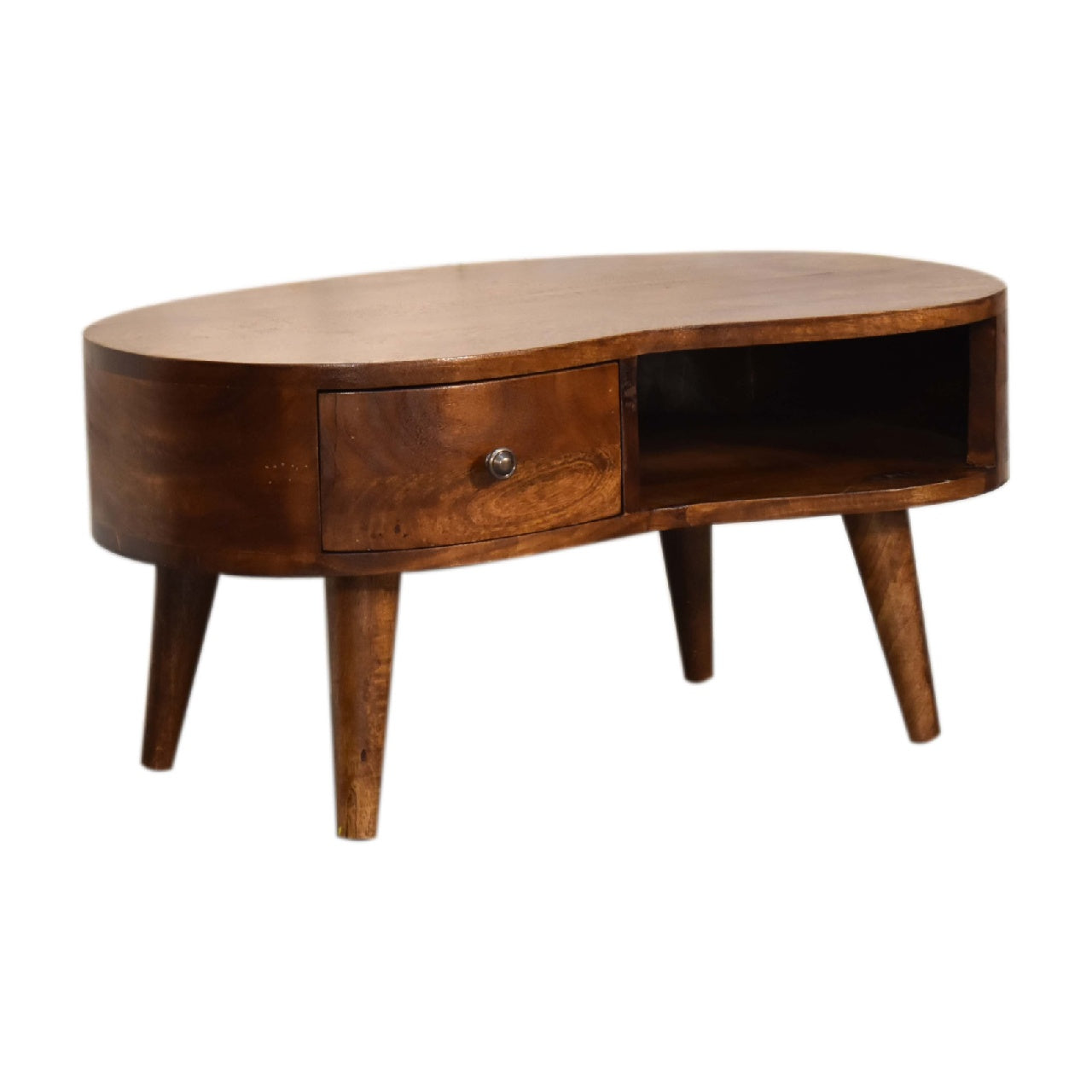 Solid Wood Mini Chestnut Wave Coffee Table, 1-Drawer, 1 Open-Shelf