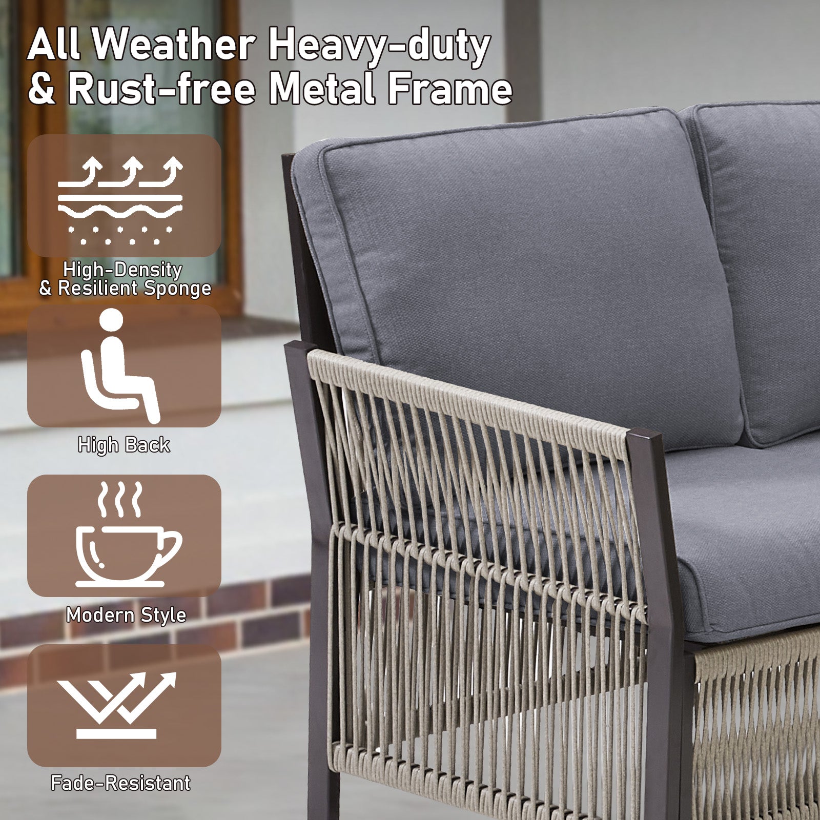 73.6" Outdoor Patio Sofa, 3-Seat Rattan Couch