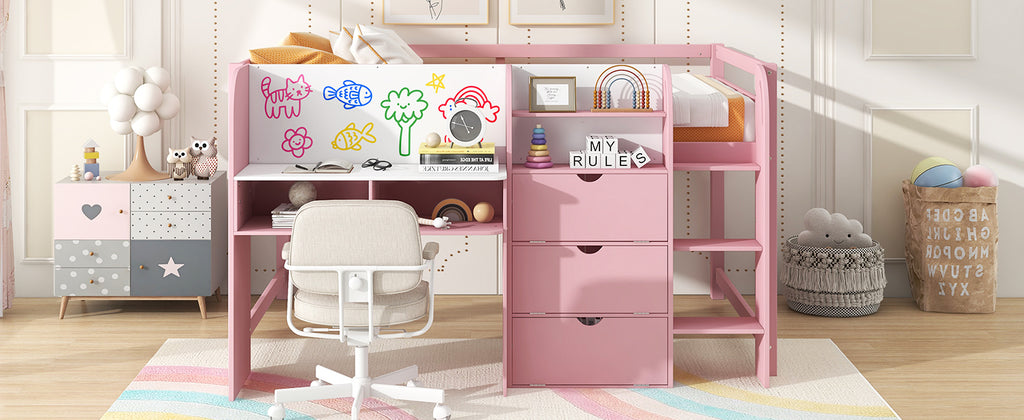 Full Size Low Loft Bed with Built-in Desk, Storage Cabinets and Open Bookcase