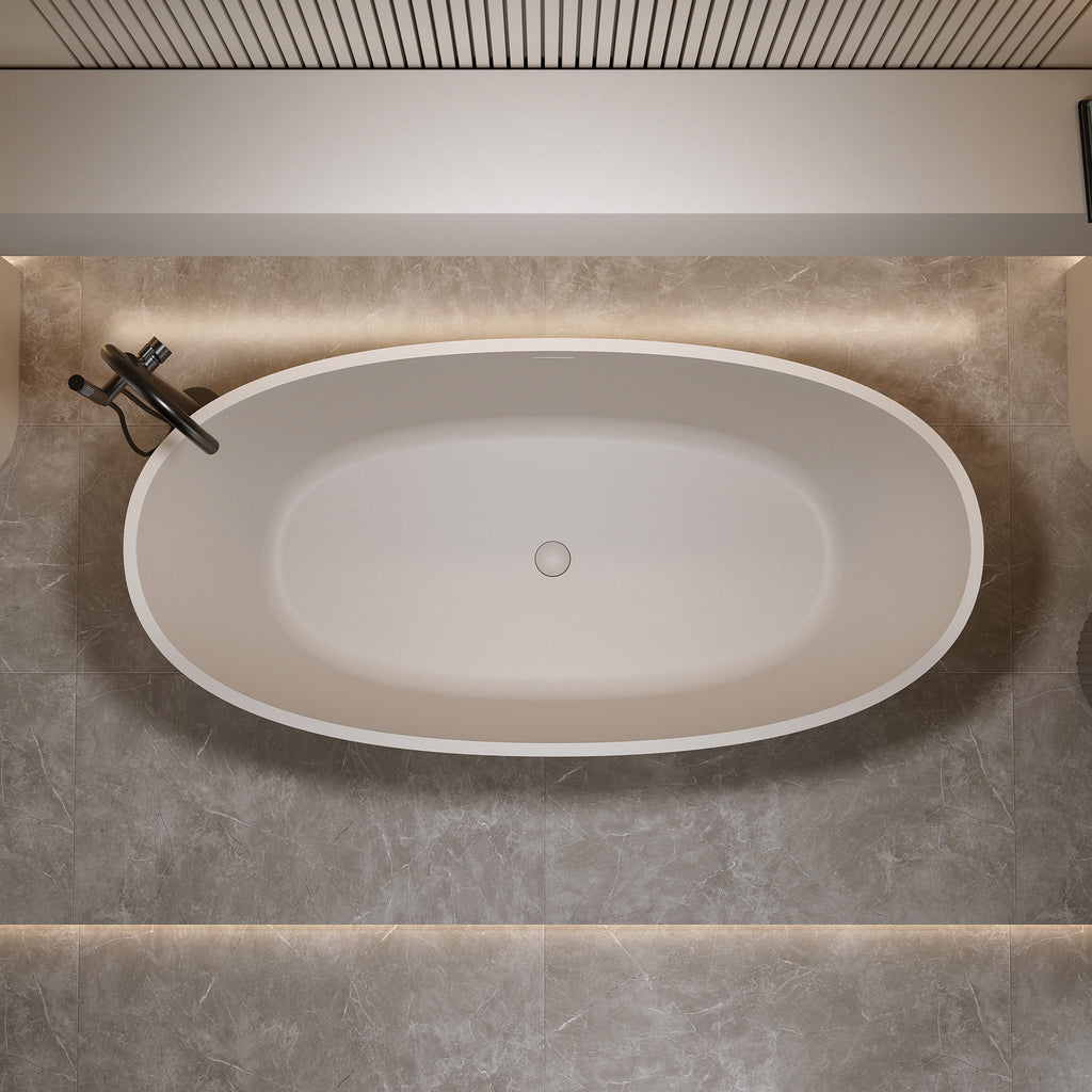 63-Inch Freestanding Soaking Bathtub, Solid Surface Stone Resin, Beige