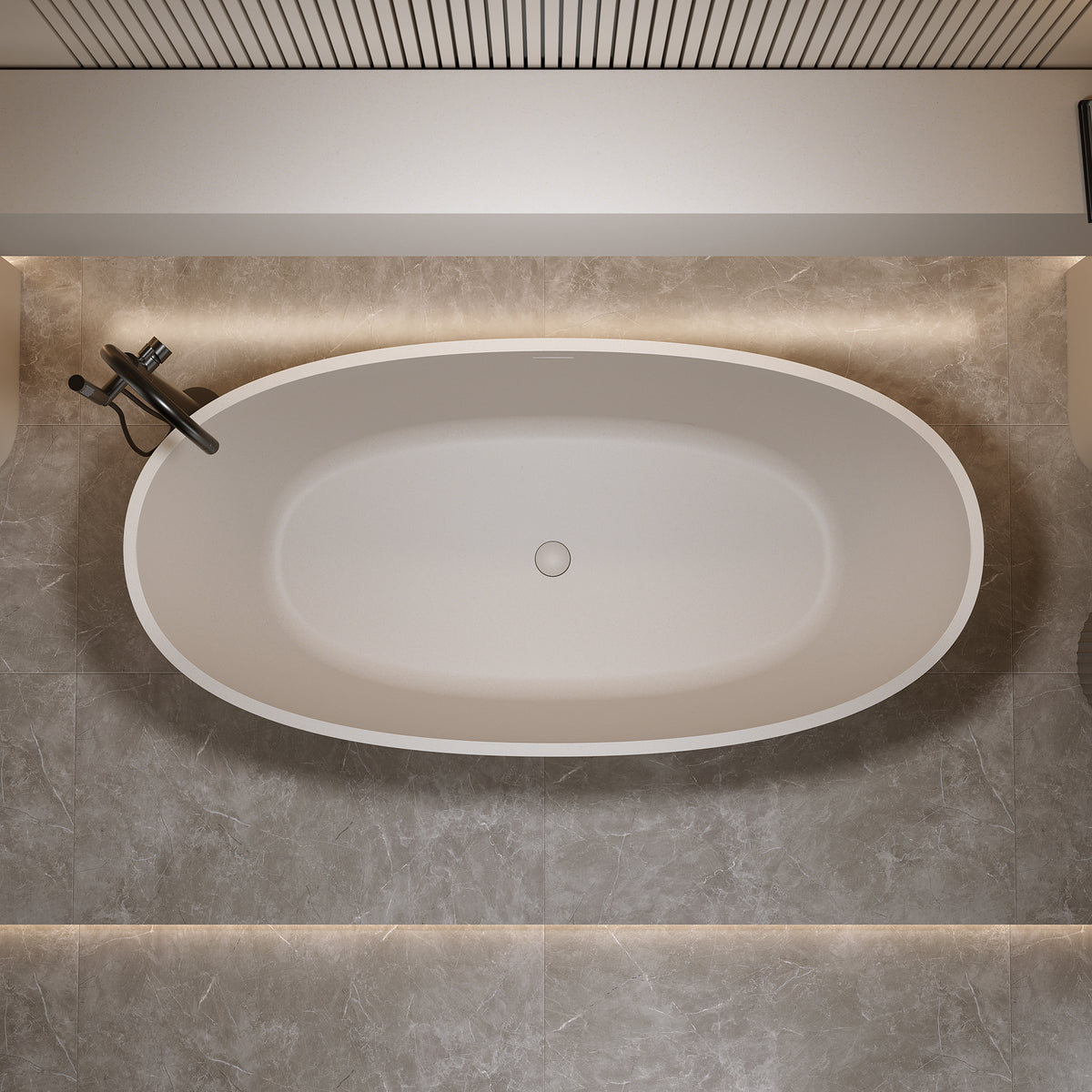 63-Inch Freestanding Soaking Bathtub, Solid Surface Stone Resin, Beige