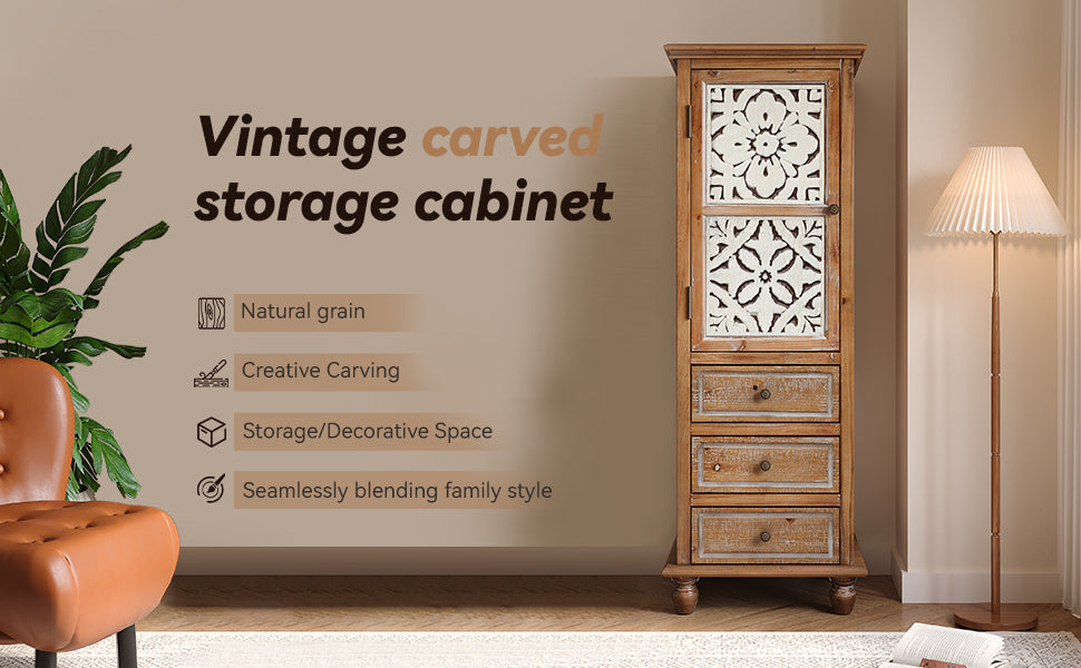 Rustic Wooden Storage Cabinet with Decorative Cutout Door & 3 Drawers