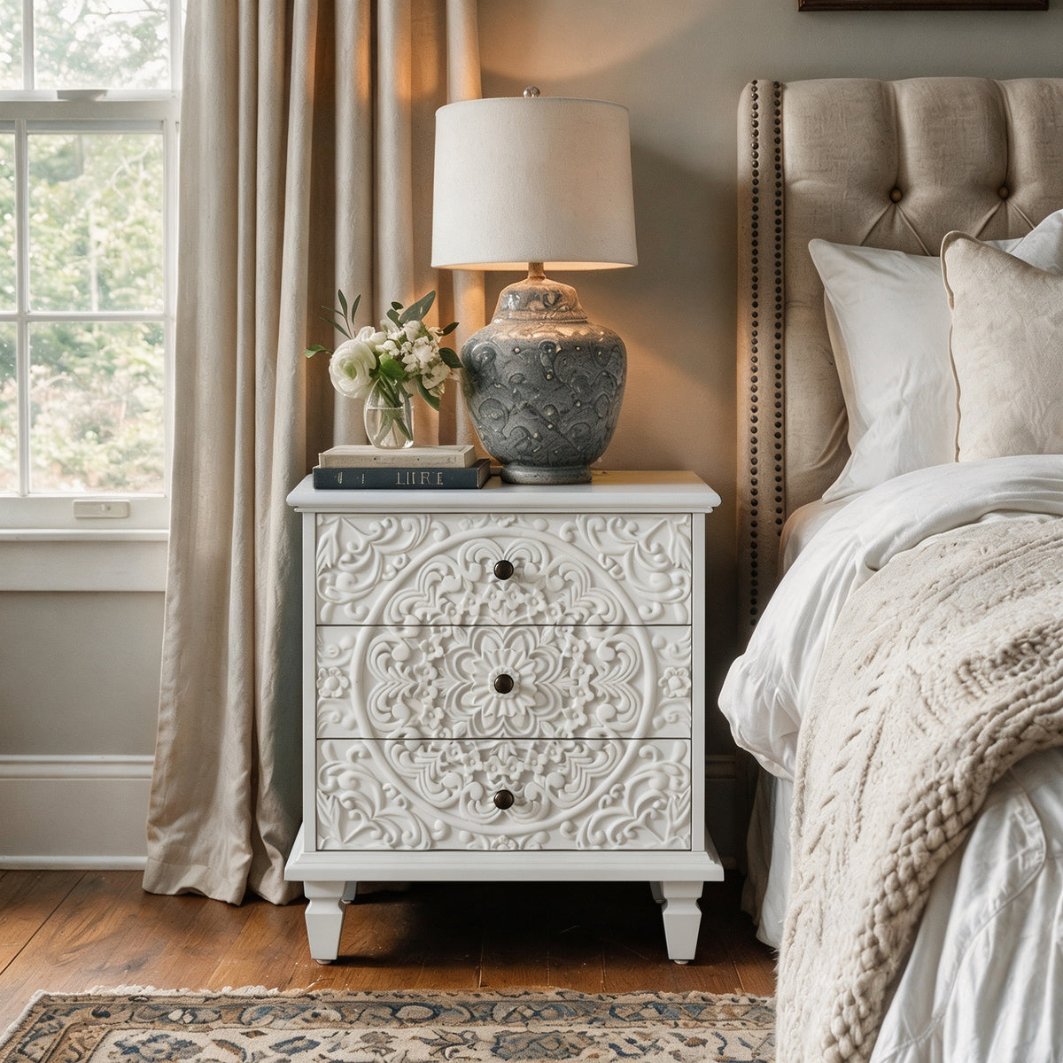 Carved Wood Nightstand with 3 Drawers, White Farmhouse Style