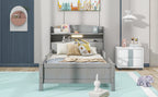 Wood Twin Size Platform Bed with Built-in LED Light, Storage Headboard and Guardrail, Antique