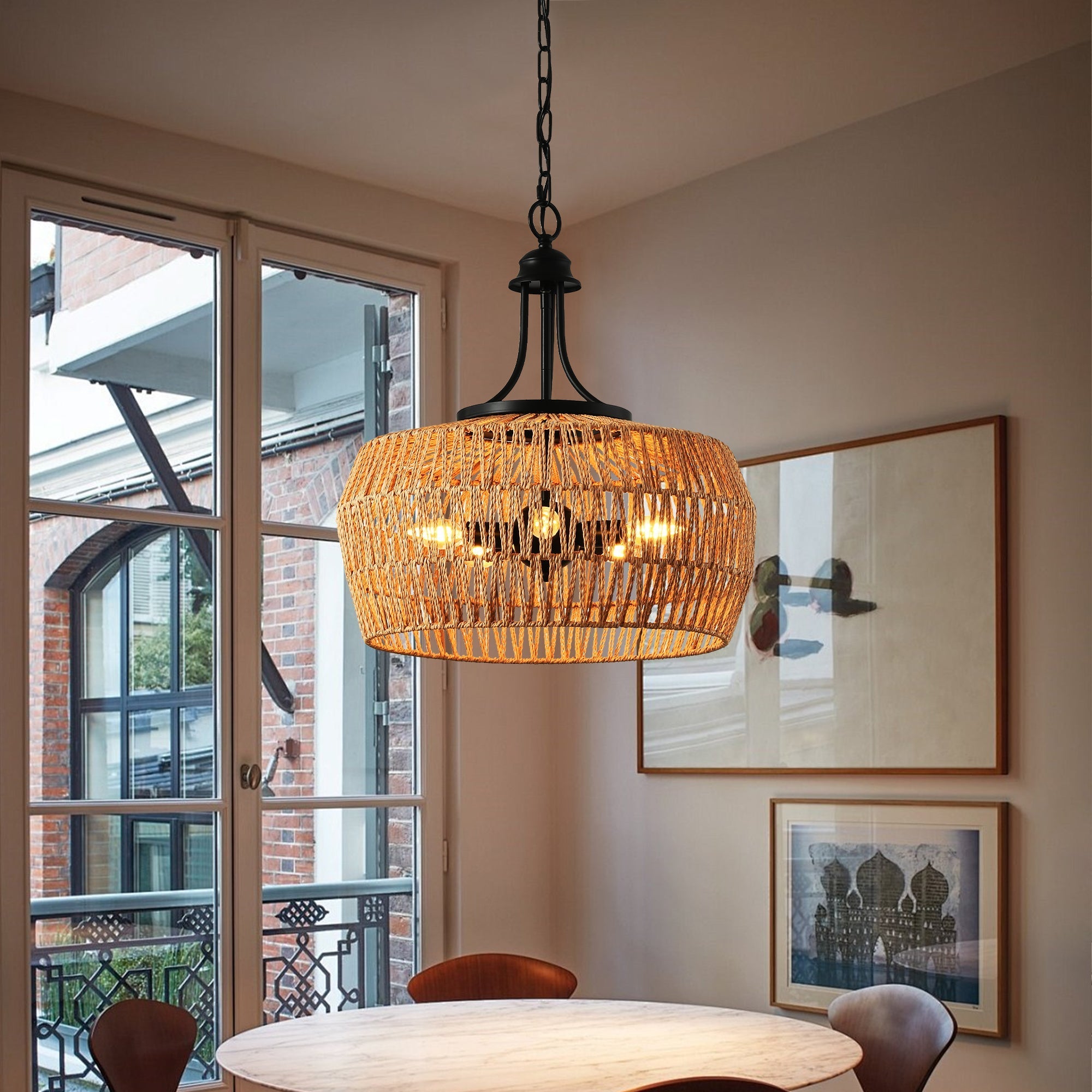19' Boho Hemp Rope Pendant Light, Hand-Woven Jute Hanging Lamp