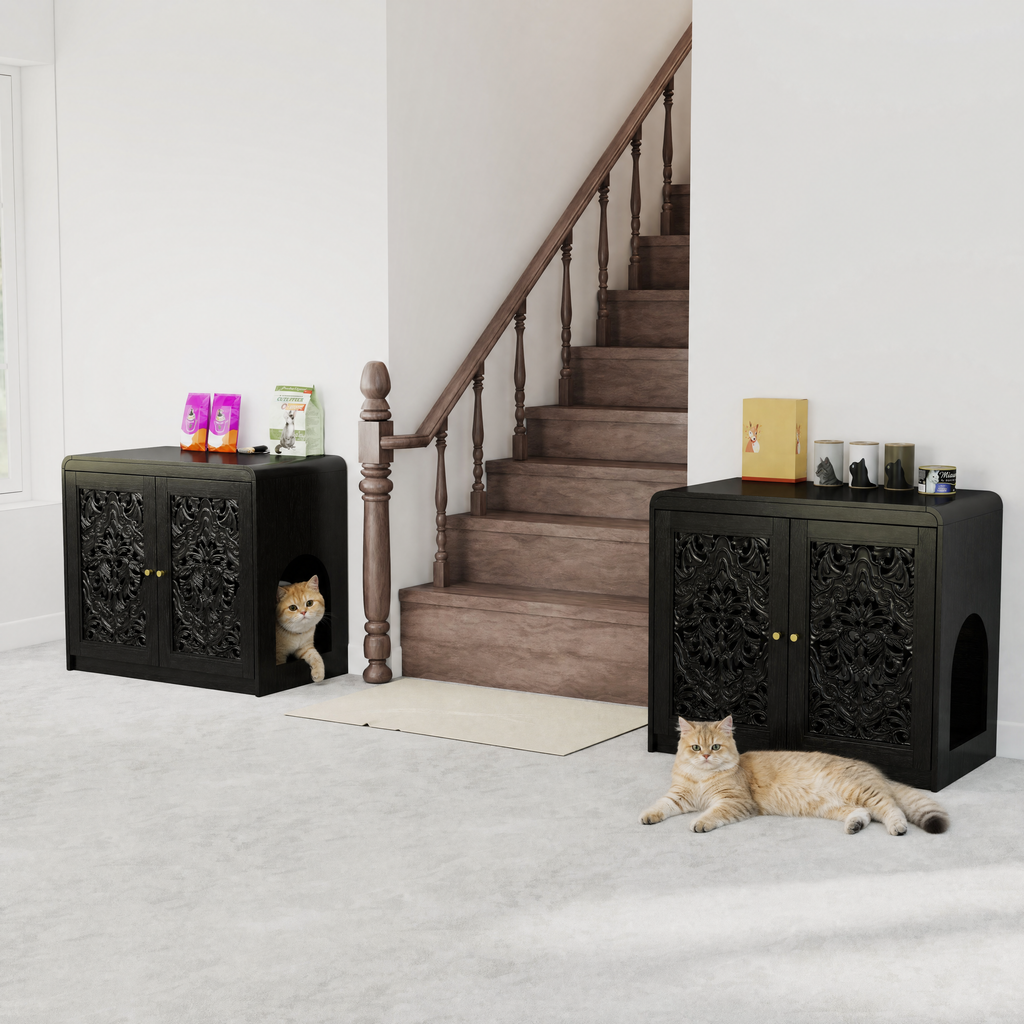 Black Hollow‑Carved Cat Litter Box Enclosure Cabinet, Multi‑Purpose Sideboard with Vent & Large Cat Entry for Living Room & Entryway. Note: Litter box and cat mat not included.