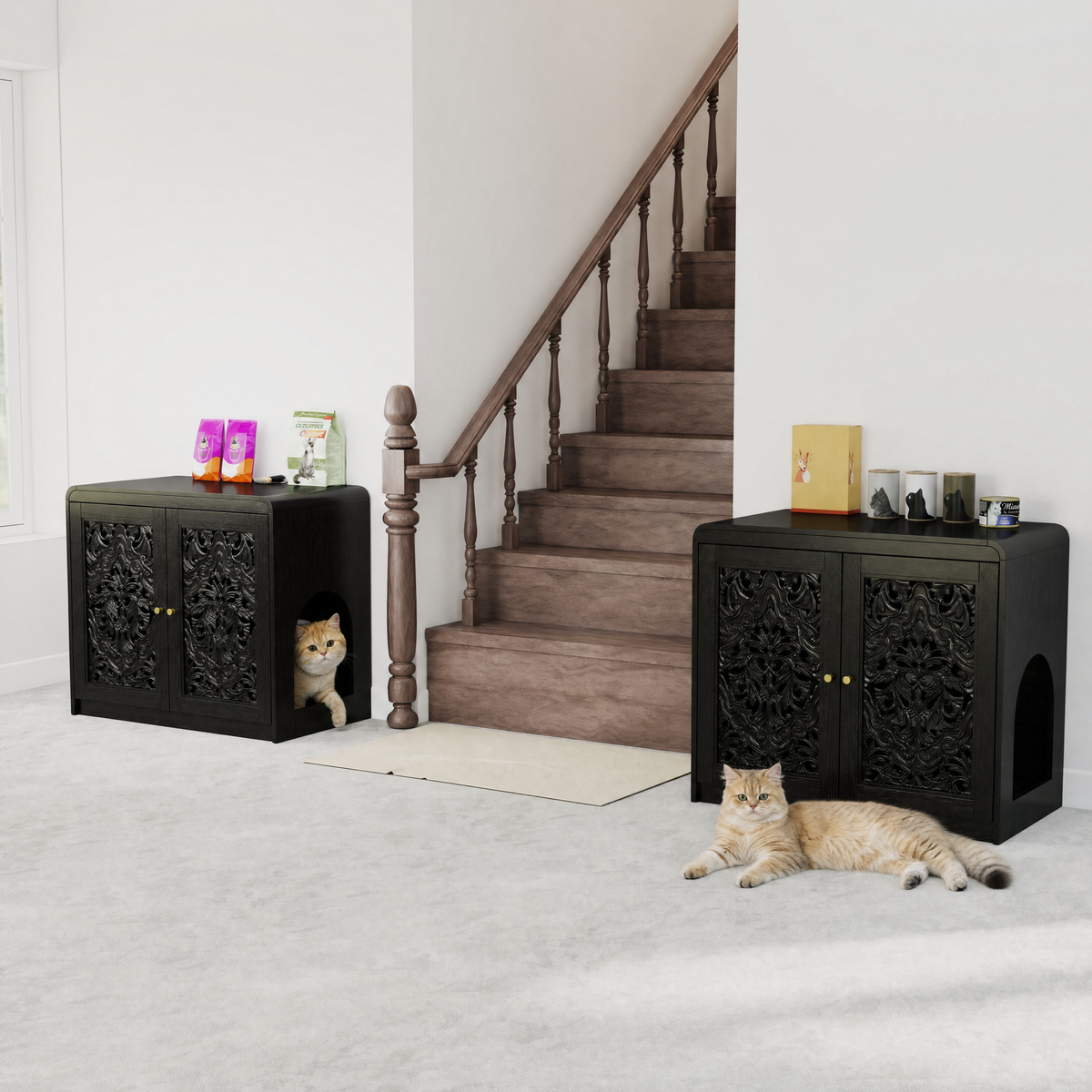 Black Hollow‑Carved Cat Litter Box Enclosure Cabinet, Multi‑Purpose Sideboard with Vent & Large Cat Entry for Living Room & Entryway. Note: Litter box and cat mat not included.