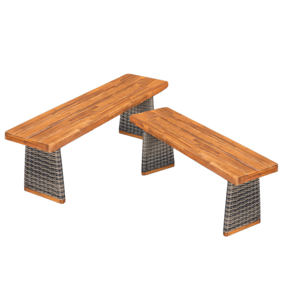 Outdoor Acacia Wood Bench Set of 2 - Teak Finish